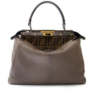 Fendi Peekaboo Tote Bag Large Taupe Leather FF Zucca Interior Gold Hardware